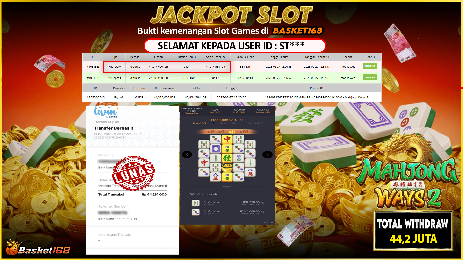 BASKET168 JACKPOT SLOT  MAHJONG WAYS 2 Rp. 44.214.000,- LUNAS