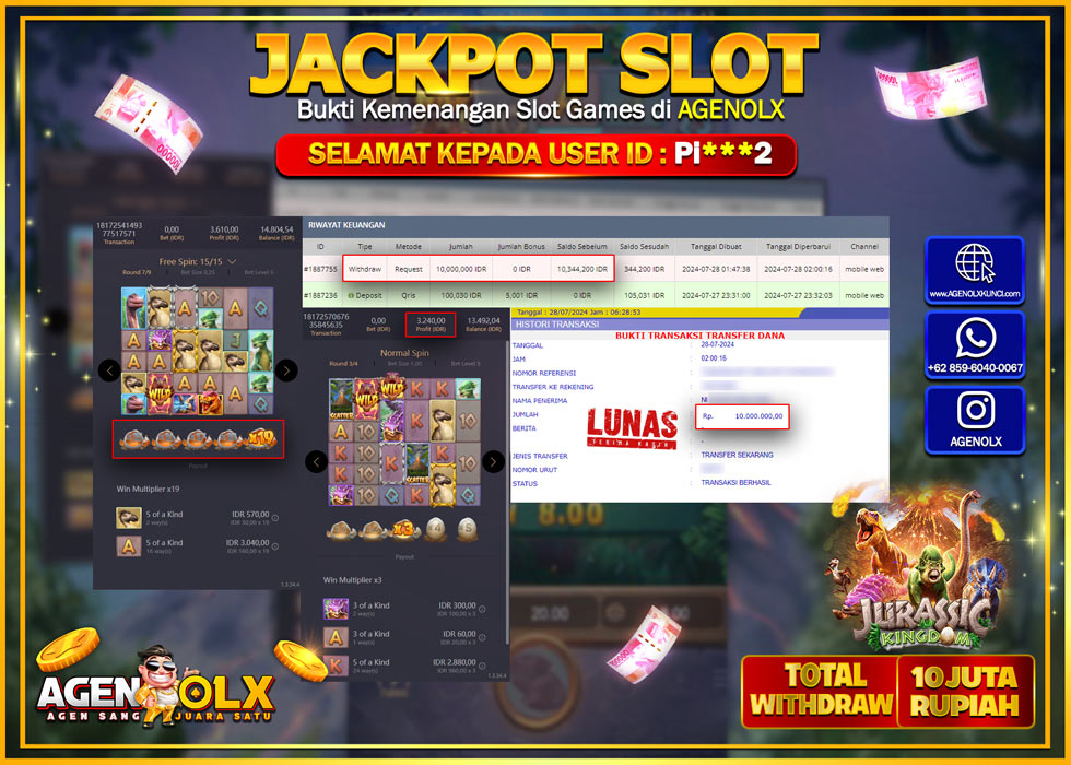 AGENOLX JACKPOT SLOT JURASSIC KINGDOM Rp.10.000.000,- LUNAS