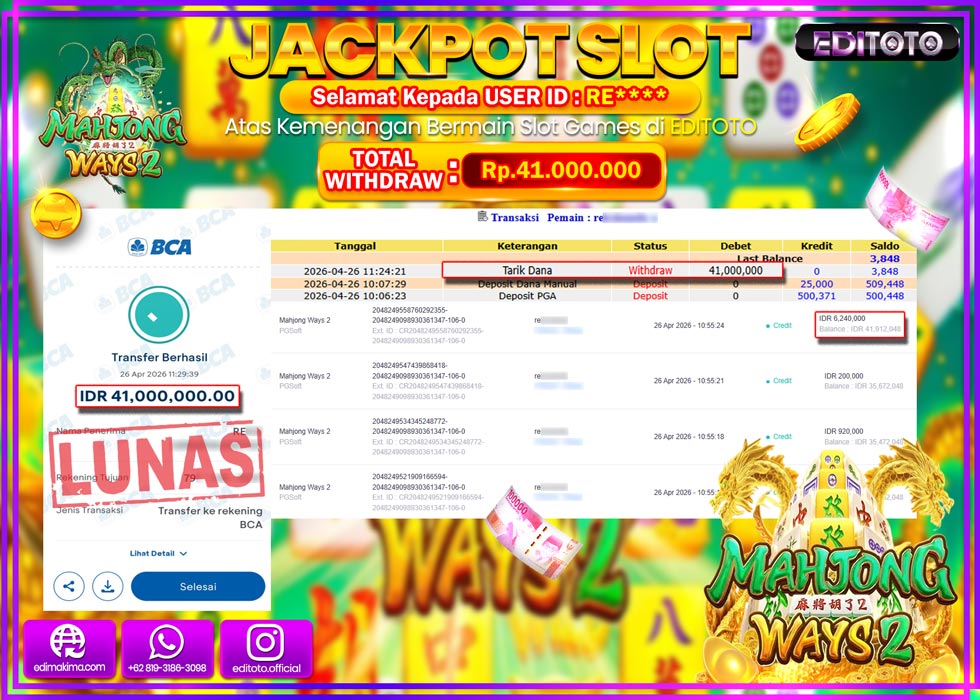 JACKPOT EDITOTO SLOT MAHJONG WAYS 2 Rp.41.000.000,- LUNAS