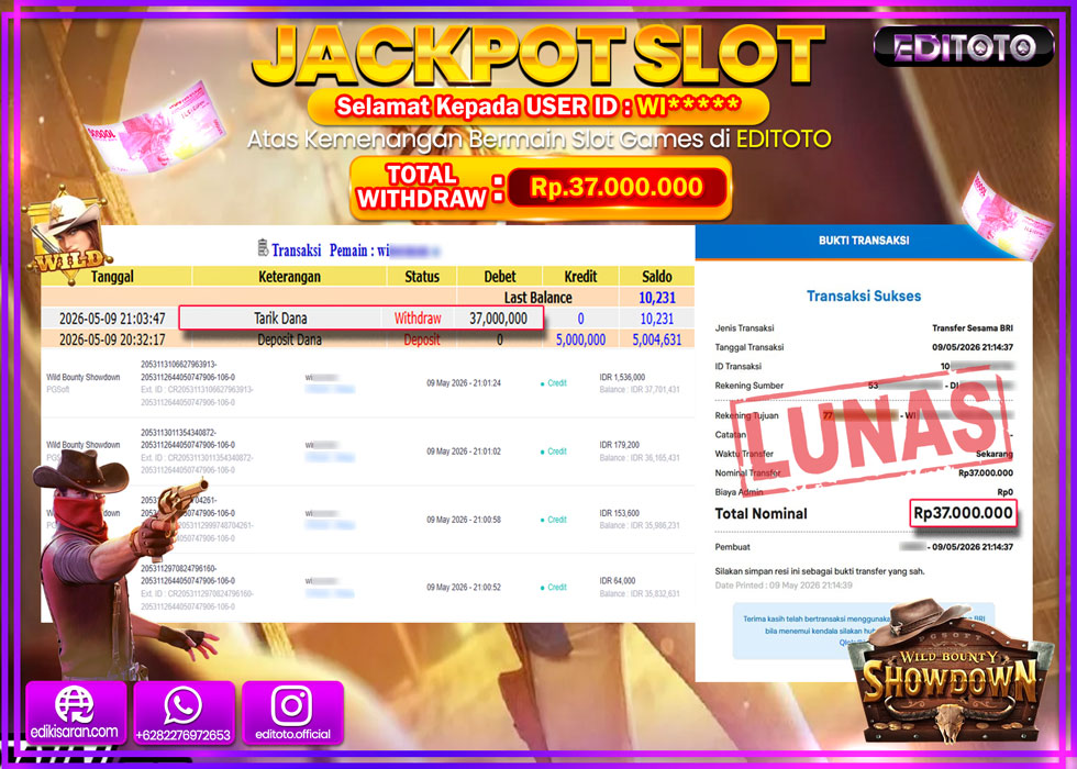 JACKPOT EDITOTO SLOT WILD BOUNTY SHOWDOWN  Rp.37.000.000,- LUNAS