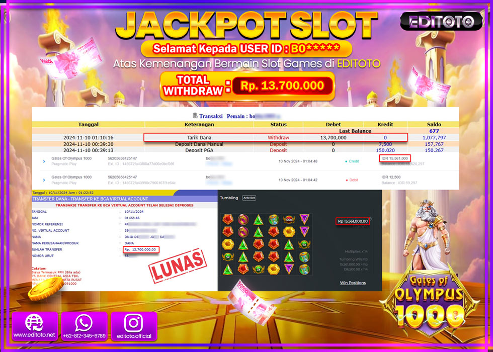JACKPOT SLOT GATES OF OLYMPUS 1000 Rp.13.700.000.,- LUNAS