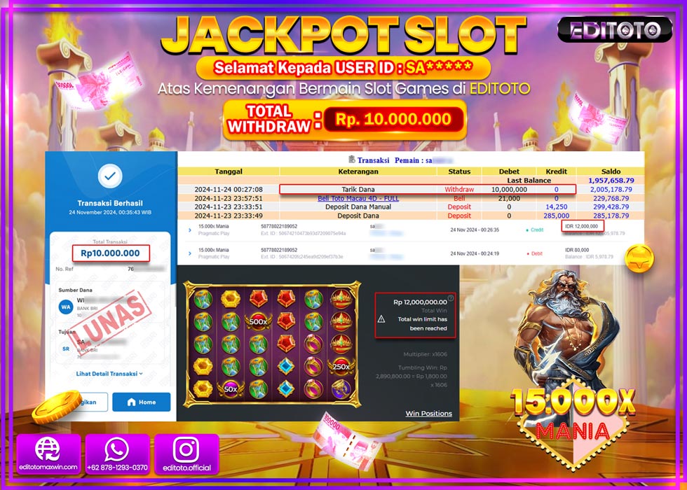 JACKPOT SLOT 15.000X MANIA Rp.10.000.000.,- LUNAS