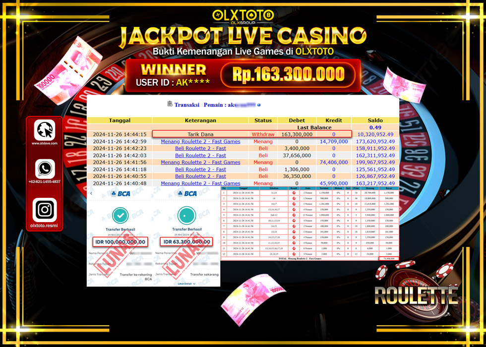 OLXTOTO JACKPOT  LIVE GAMES ROULETTE 2 Rp.163.300.000.,- LUNAS