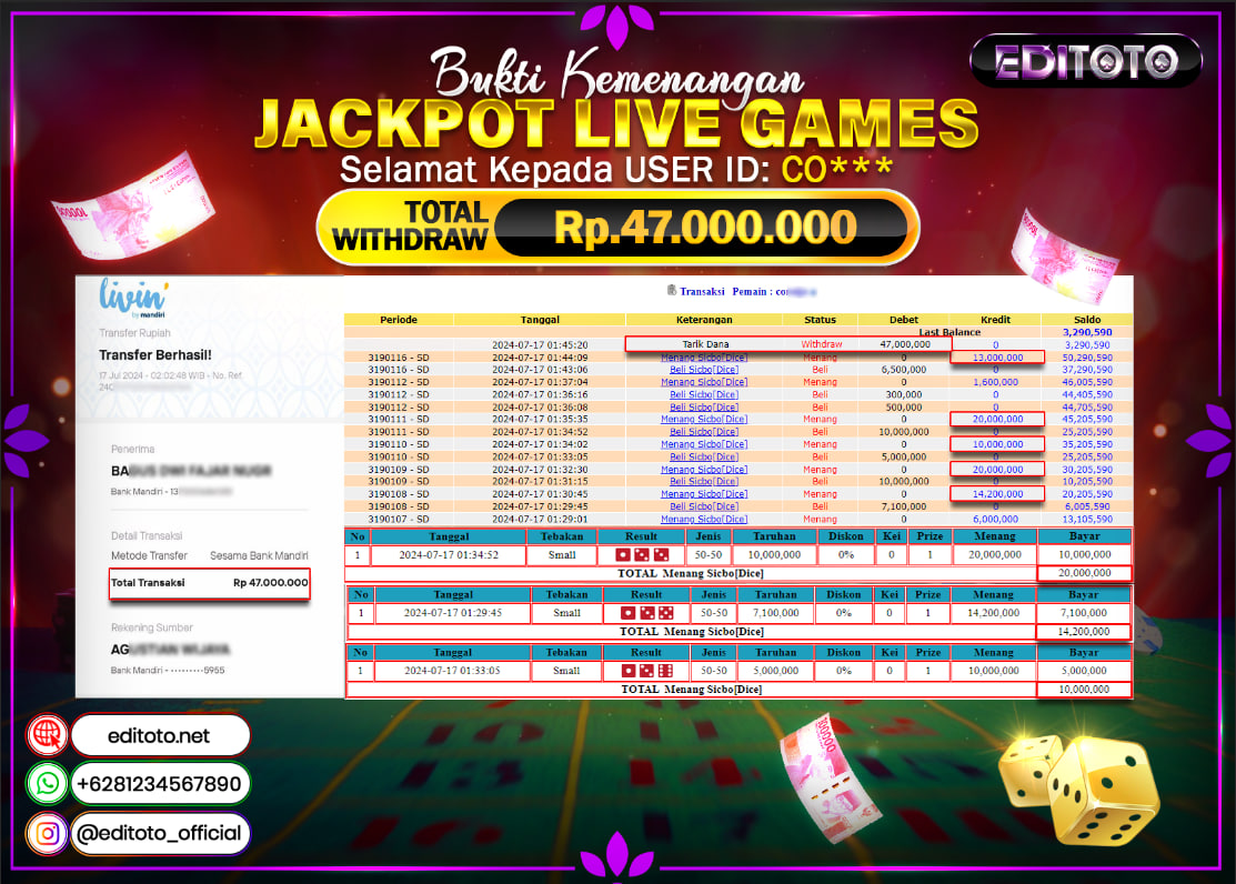 JACKPOT LIVE GAME EDITOTO SICBO Rp.47.000.000.,- LUNAS