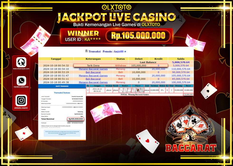 OLXTOTO JACKPOT  LIVE GAMES BACCARAT  Rp.105.000.000.,- LUNAS