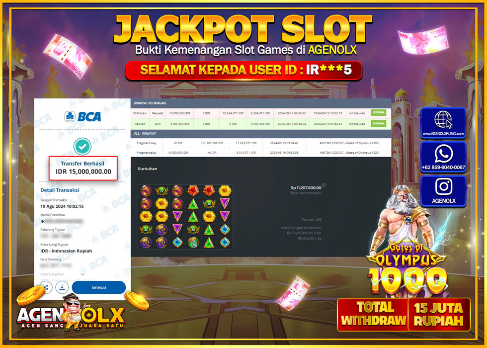 AGENOLX JACKPOT SLOT GATES OF OLYMPUS 1000 Rp.15.000.000,- LUNAS