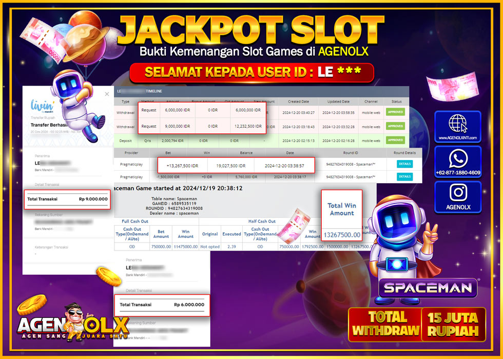AGENOLX JACKPOT SPACEMAN  Rp 15.000.000,- LUNAS