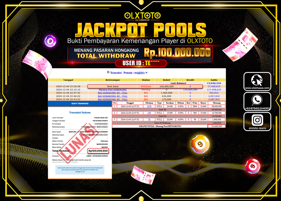 OLXTOTO JACKPOT  TOGEL POOL HONGKONG Rp.100.000.000.,- LUNAS