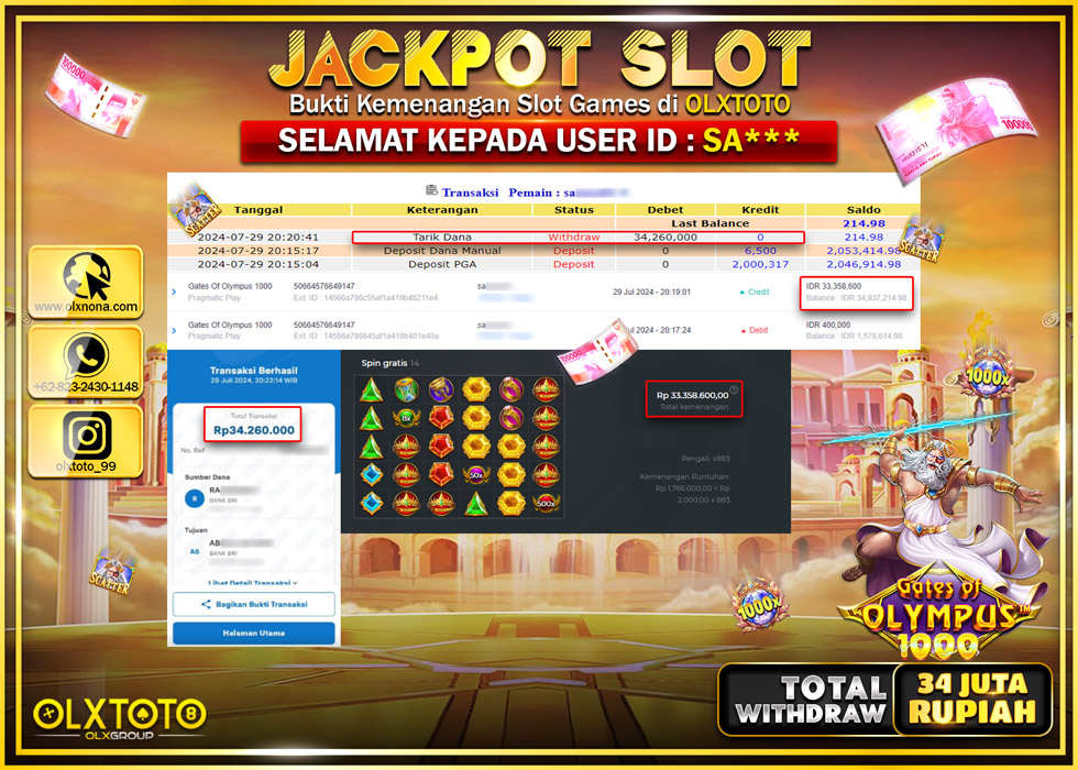 OLXTOTO JACKPOT  SLOT GATES OF OLYMPUS 1000 Rp.34.260.000.,- LUNAS