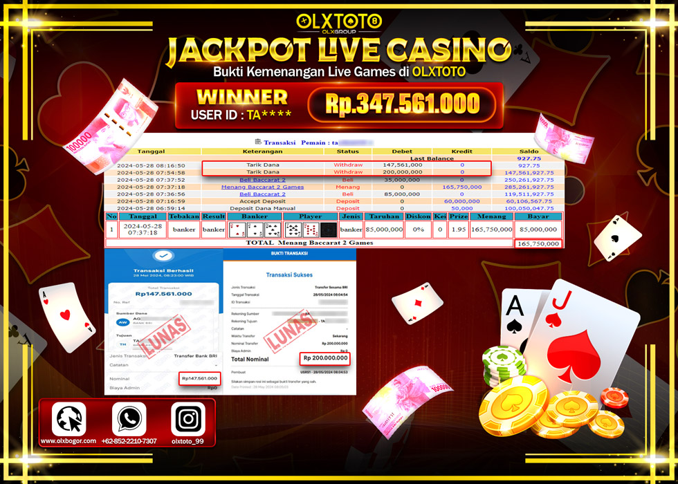 OLXTOTO JACKPOT LIVE GAMES BACCARAT 2 GAMES  Rp.347.561.000.,- LUNAS