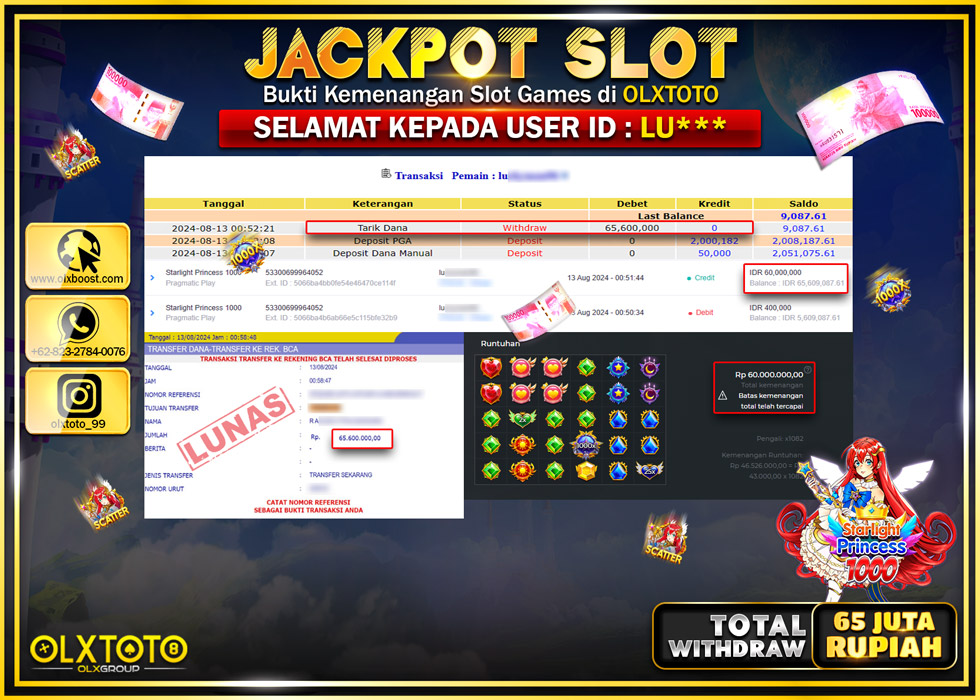 OLXTOTO JACKPOT  SLOT STARLIGHT PRINCESS 1000 Rp.65.600.000.,- LUNAS