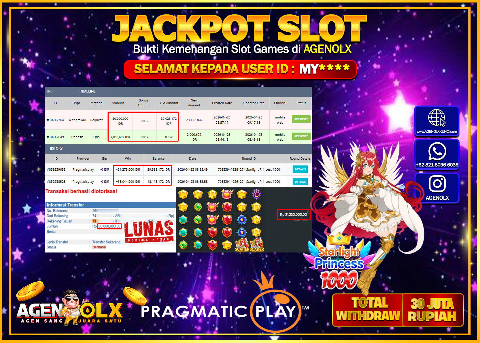 AGENOLX JACKPOT SLOT STARLIGHT PRINCESS 1000  Rp 30.000.000 - LUNAS