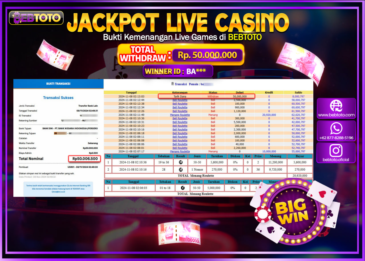 JACKPOT LIVE CASINO BEBTOTO ROULETTE Rp.50.000.000.,- LUNAS