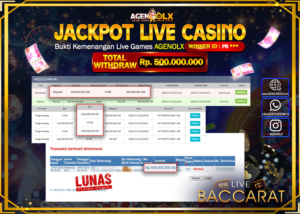 AGENOLX JACKPOT LIVE CASINO BACCARAT Rp 500.000.000,- LUNAS