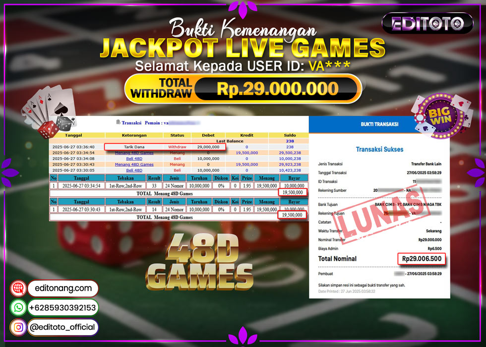 JACKPOT EDITOTO LIVE GAMES 48D Rp. 29.000.000.,- LUNAS