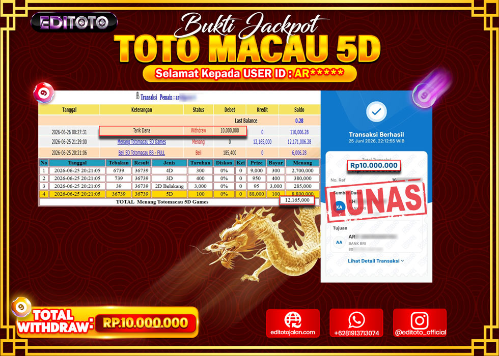JACKPOT EDITOTO TOGEL PASARAN TOTO MACAU 5D Rp.10.000.000.,- LUNAS
