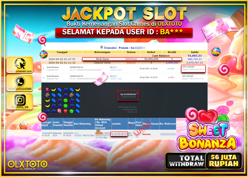 OLXTOTO JACKPOT SLOT SWEET BONANZA  Rp.56.000.000.,- LUNAS