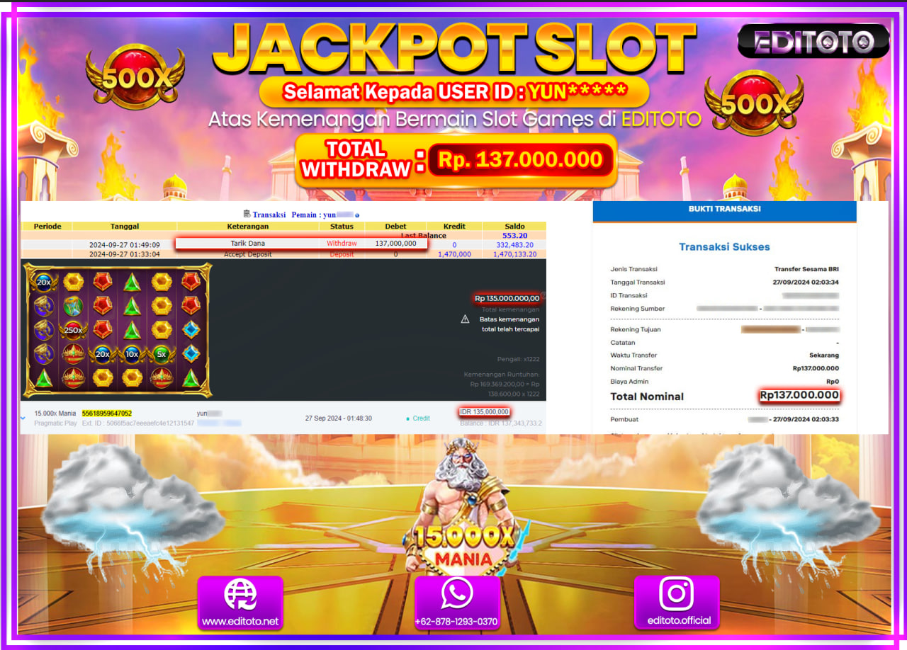 JACKPOT SLOT 15.000x MANIA  Rp.137.000.000.,- LUNAS
