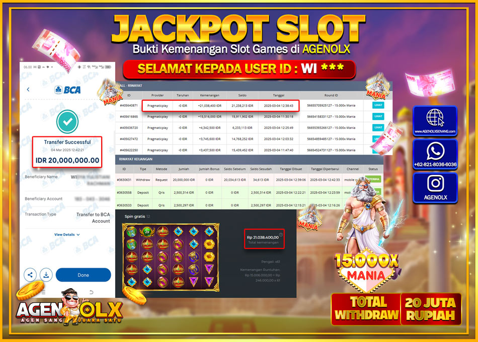 AGENOLX JACKPOT  SLOT 15.000 X MANIA Rp 20.000.000,- LUNAS