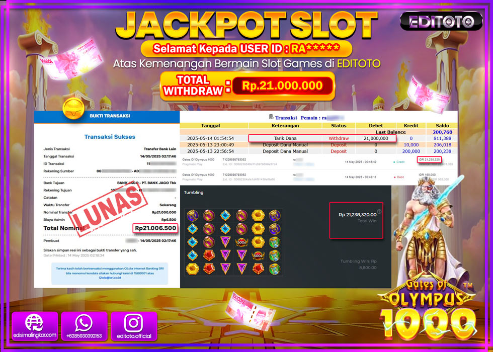 JACKPOT EDITOTO SLOT GATES OF OLYMPUS 1000 Rp.21.000.000,- LUNAS
