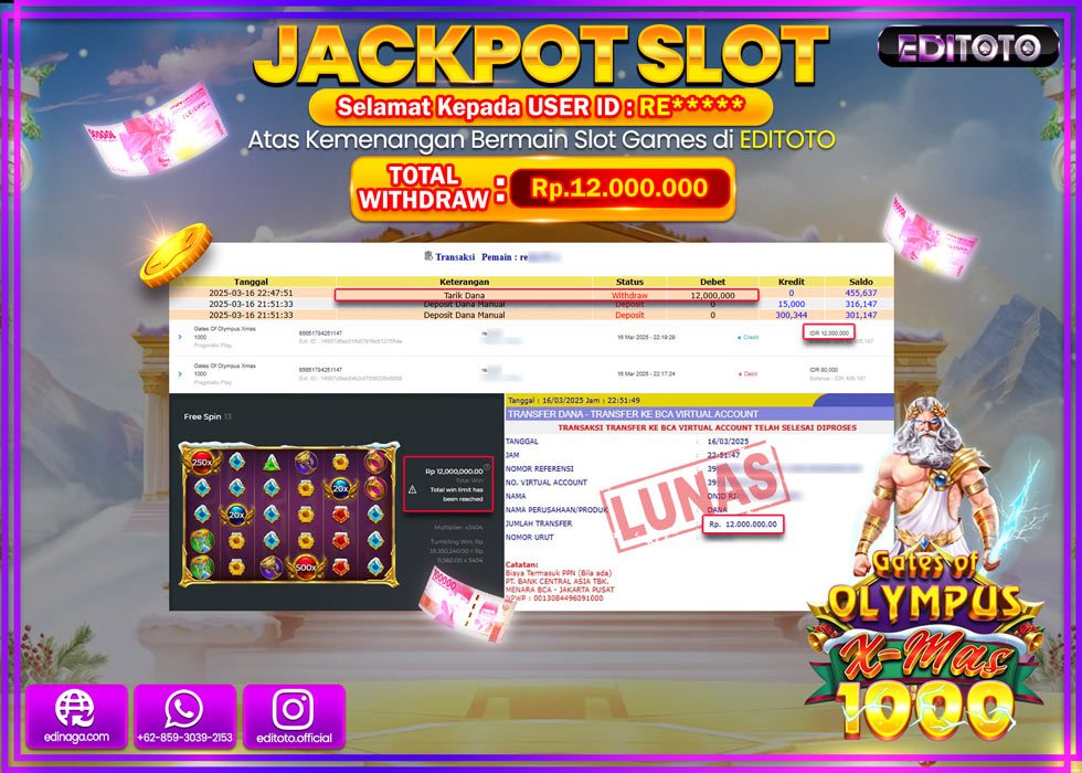 JACKPOT SLOT GATES OF OLYMPUS XMAS 1000  Rp.12.000.000.,- LUNAS