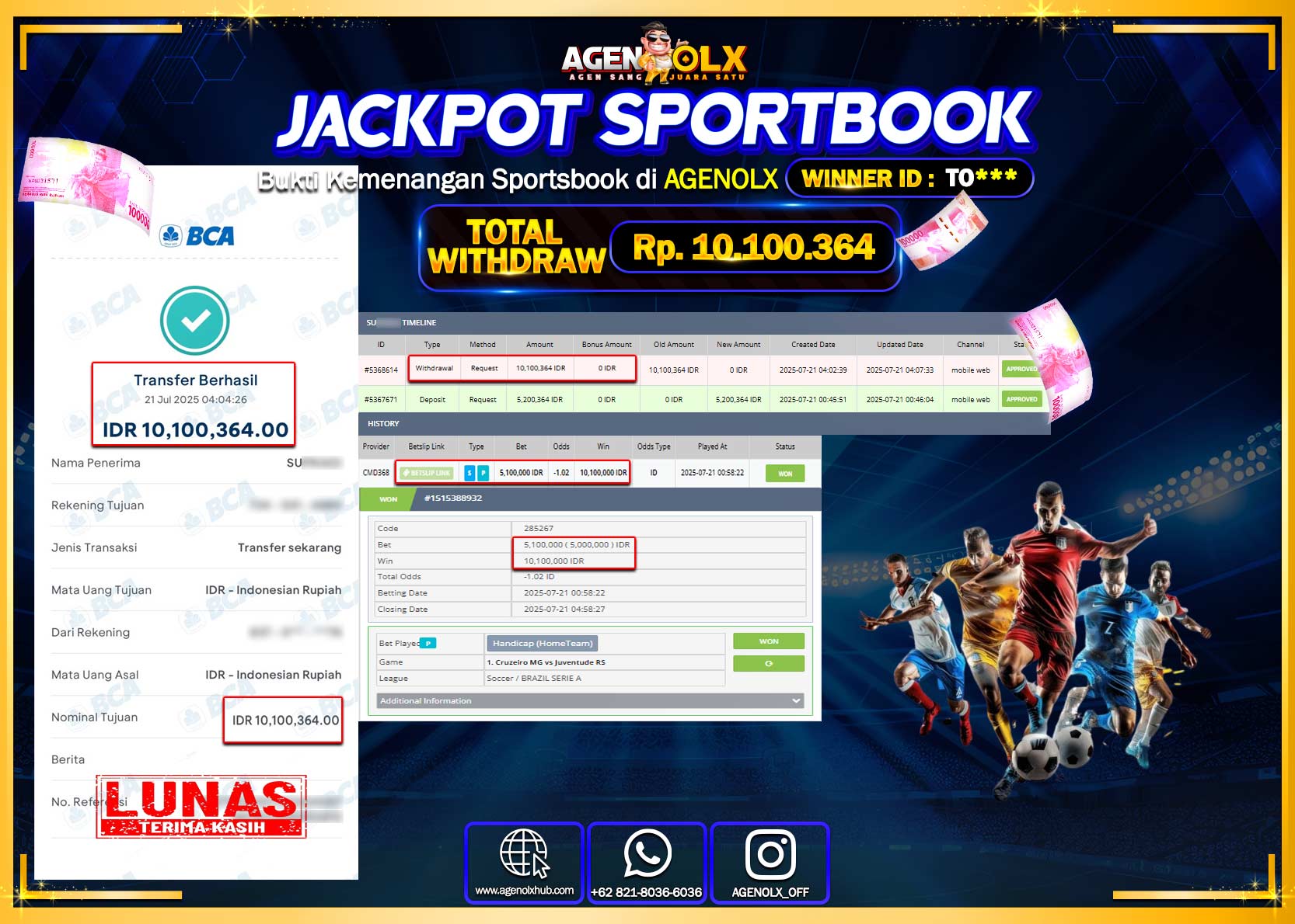 AGENOLX JACKPOT  SPORTBOOK Rp 10.100.364,- LUNAS