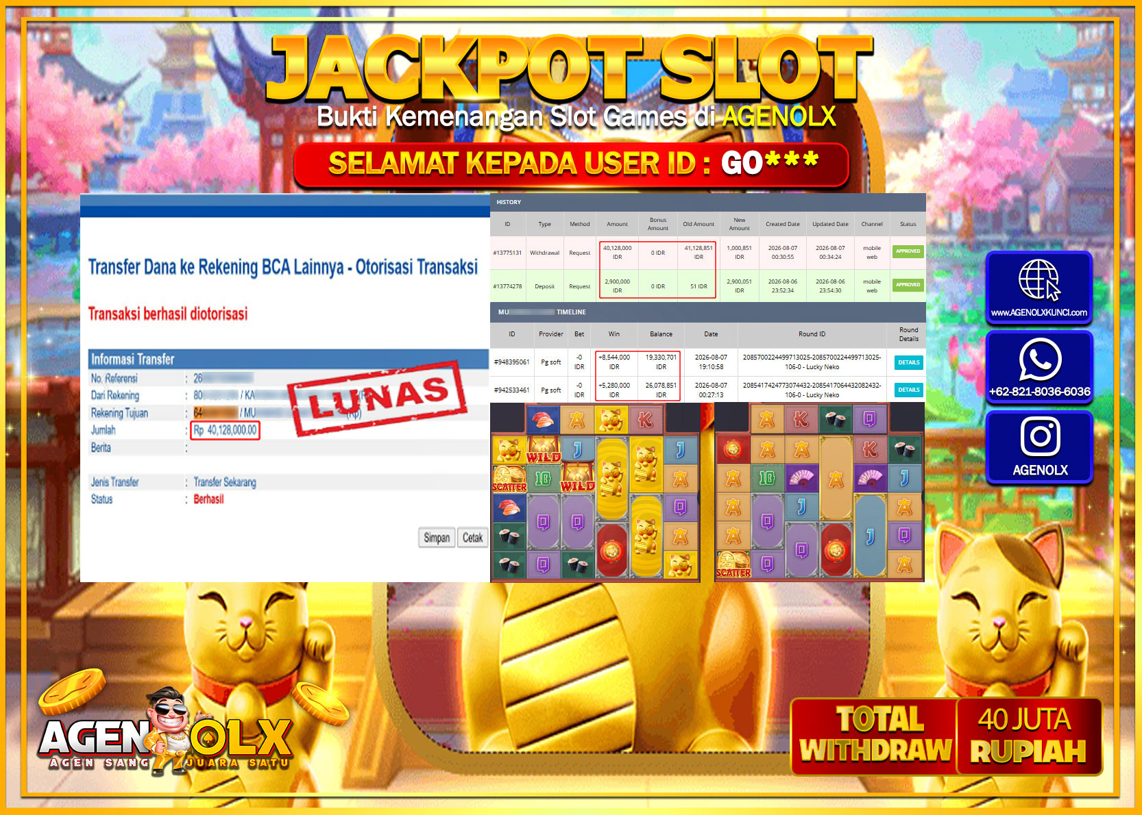 AGENOLX JACKPOT SLOT  LUCKY NEKO  Rp 40.128.000 -LUNAS