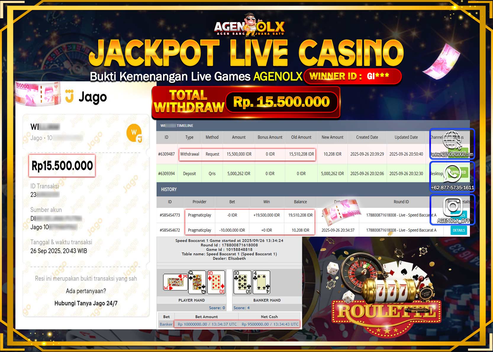 AGENOLX JACKPOT LIVE CASINO SPEED BACCARAT A Rp 15,500,000,- LUNAS