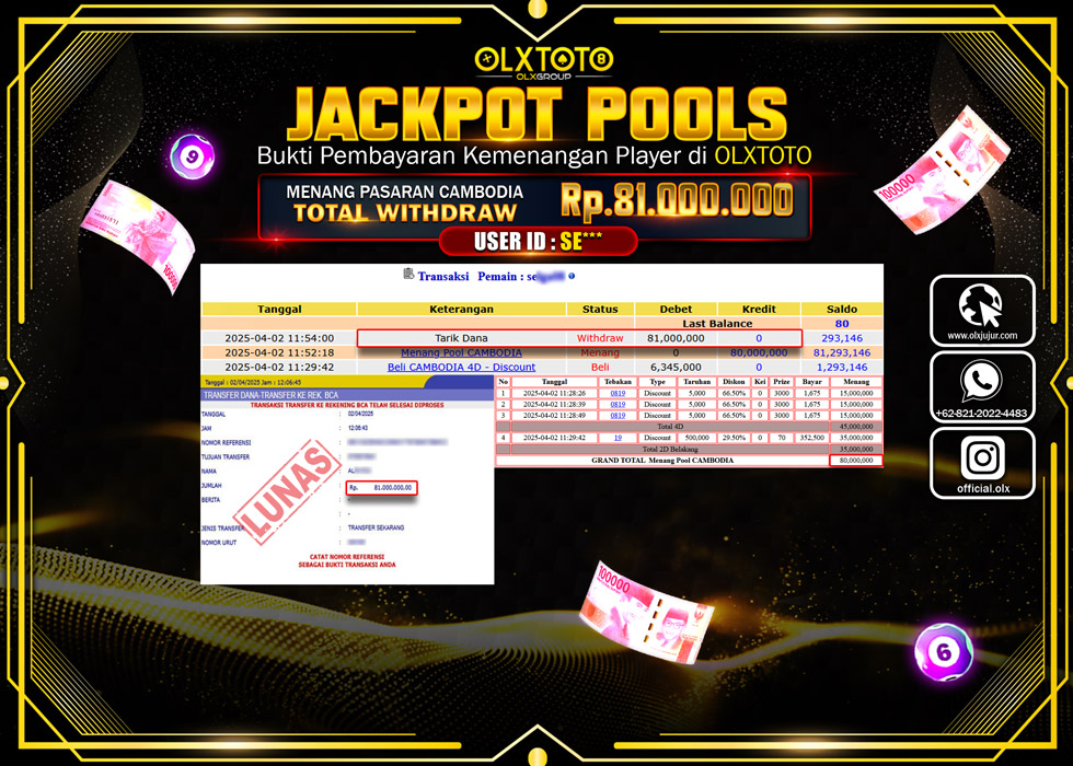 OLXTOTO JACKPOT TOGEL PASARAN POOL CAMBODIA Rp.81.000.000.,- LUNAS
