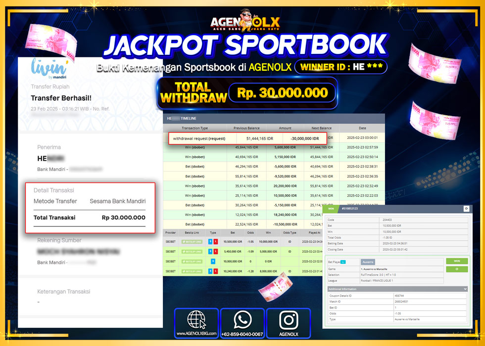 AGENOLX JACKPOT SPOORTBOOK Rp 30.000.000,- LUNAS
