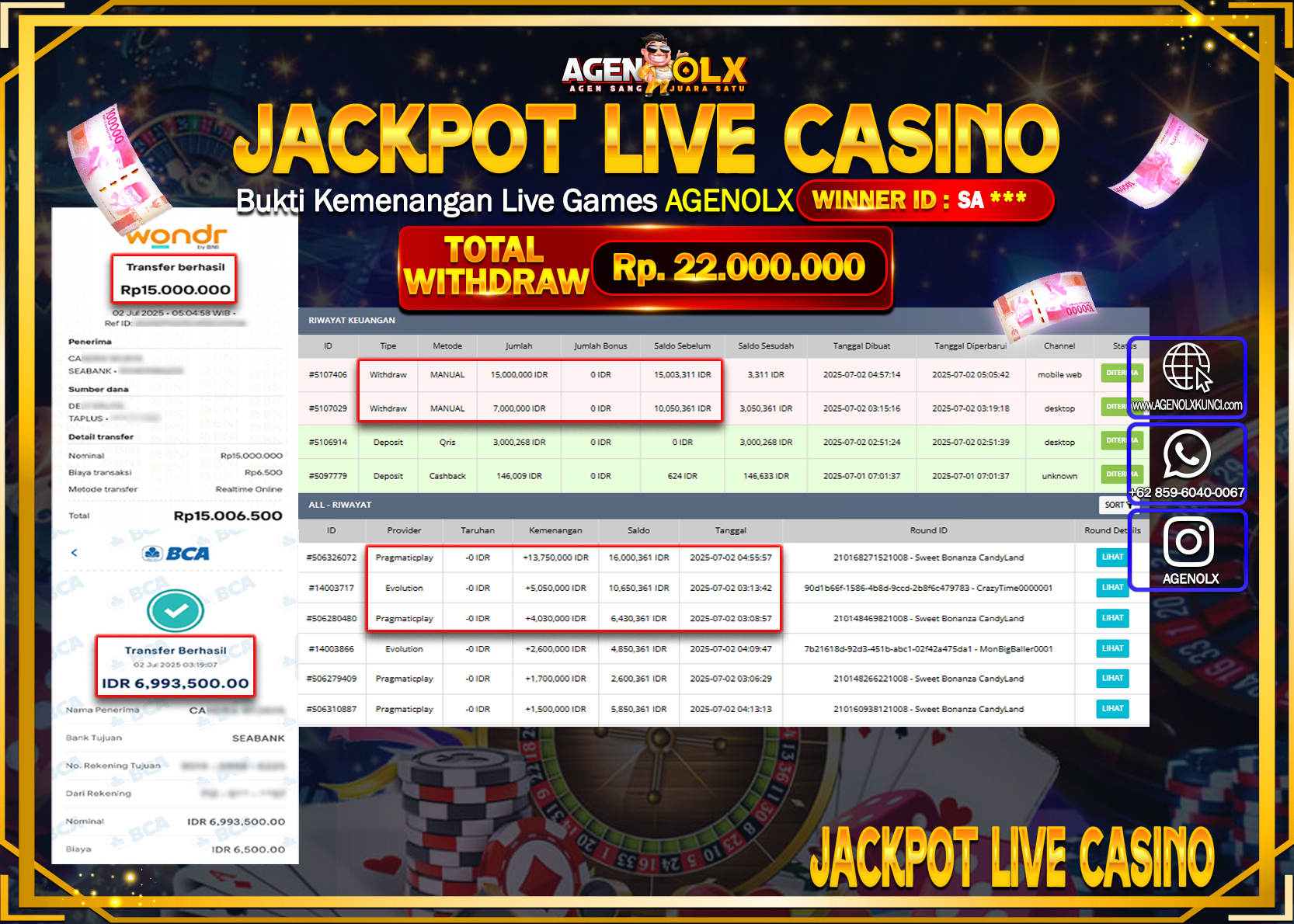 AGENOLX JACKPOT  LIVE CASSINO  Rp 22.000.000,- LUNAS