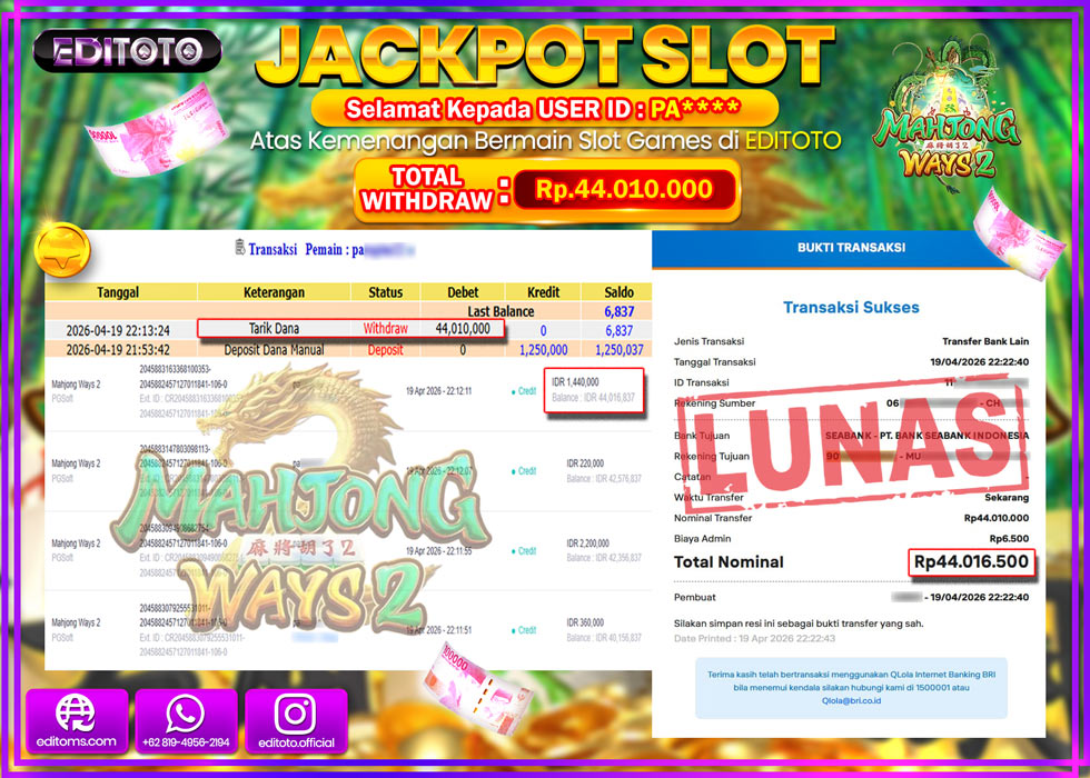JACKPOT EDITOTO SLOT MAHJONG WAYS 2 Rp.44.010.000,- LUNAS