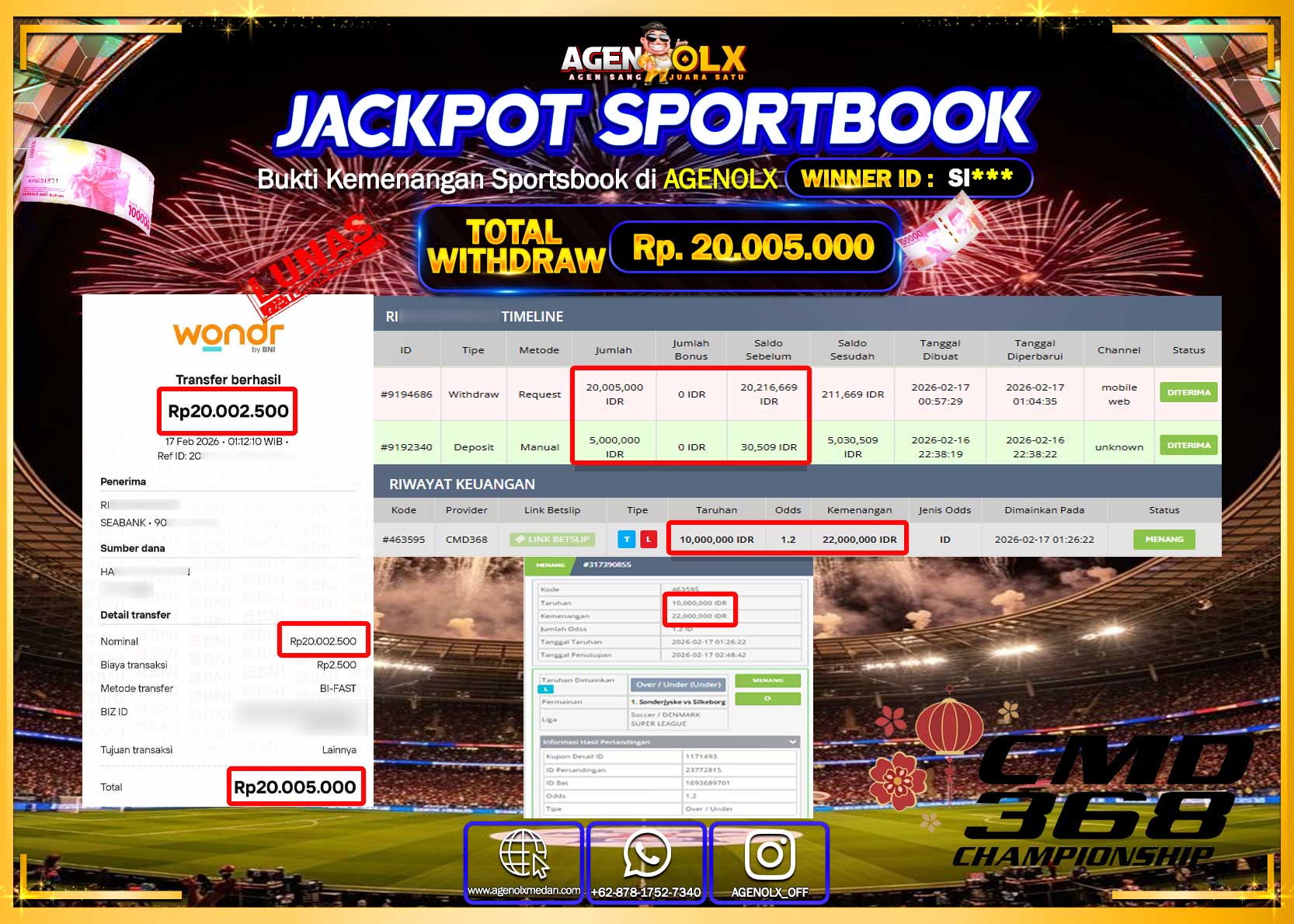 AGENOLX JACKPOT SPORT CMD368  Rp 20.005.000 - LUNAS  
