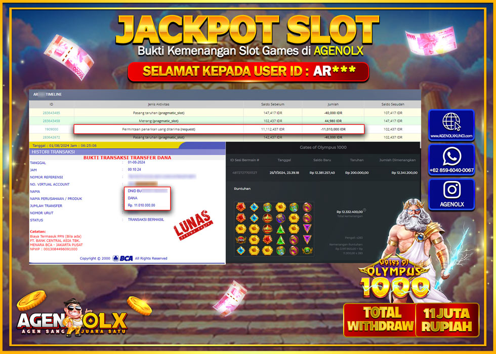 AGENOLX JACKPOT SLOT GATES OF OLYMPUS 1000 Rp.11.000.000,- LUNAS