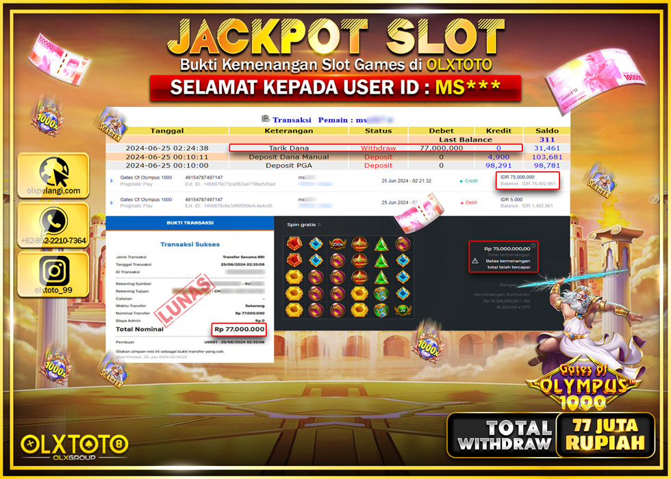 OLXTOTO JACKPOT SLOT GATES OF OLYMPUS 1000   Rp.77.000.000.,- LUNAS