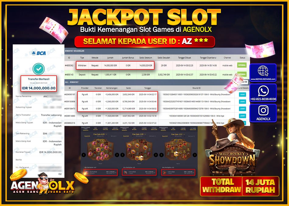 AGENOLX JACKPOT SLOT WILD BOUNTY SHOWDOWN Rp 14.000.000,- LUNAS