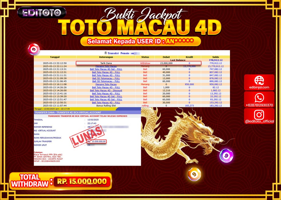 JACKPOT TOGEL PASARAN TOTOMACAU 4D Rp.15.000.000.,- LUNAS