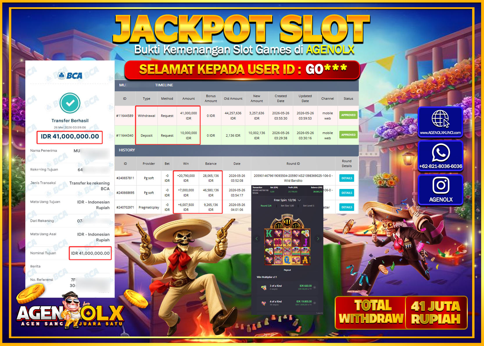 AGENOLX JACKPOT SLOT WILD BANDITO Rp 41.000.000 - LUNAS