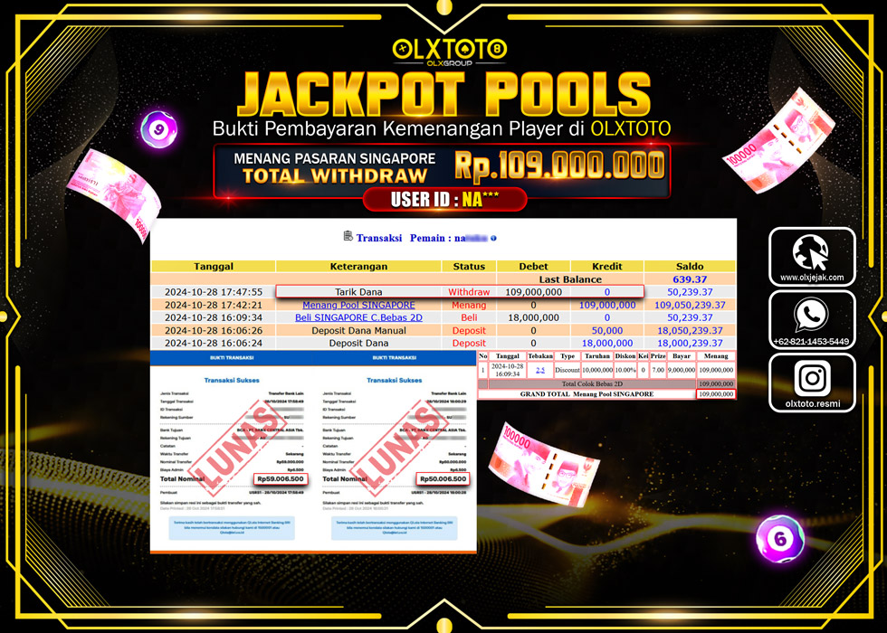 OLXTOTO JACKPOT  TOGEL POOL SINGAPORE Rp.109.000.000.,- LUNAS