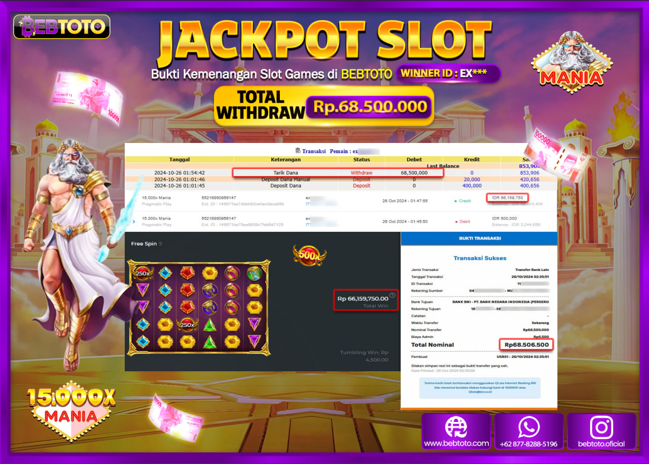 JACKPOT SLOT BEBTOTO 15.000X MANIA Rp.68.500.000.,- LUNAS
