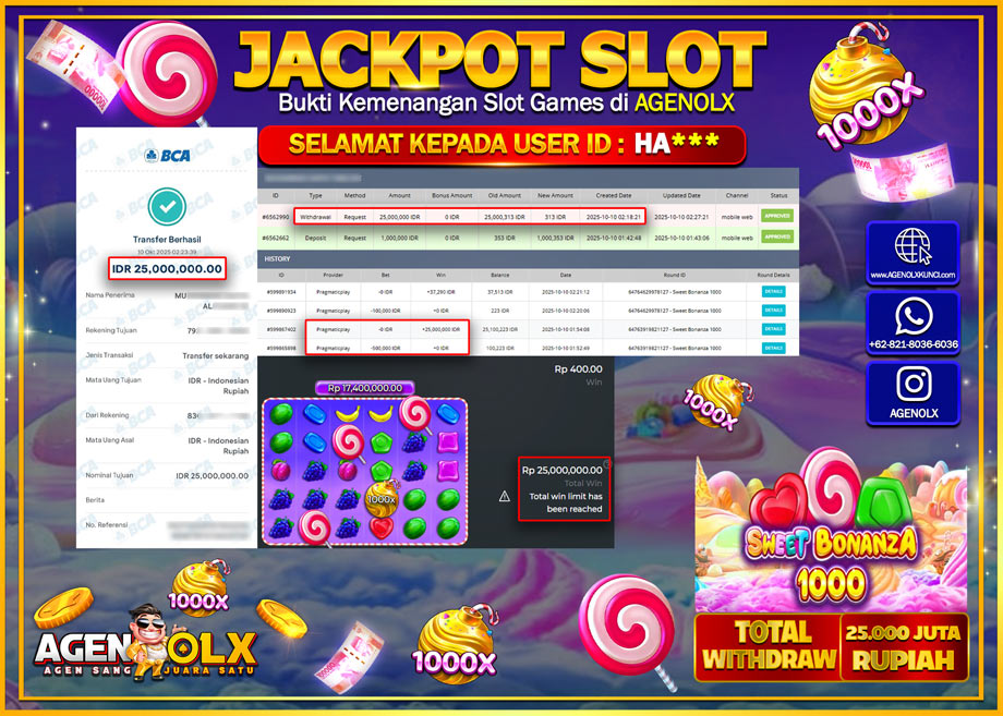 AGENOLX JACKPOT  SLOT SWEET BONANZA Rp 25,000,000,- LUNAS