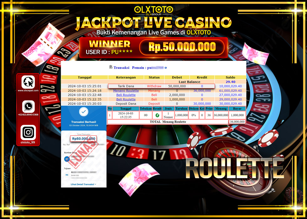 OLXTOTO JACKPOT  LIVE GAMES ROULETTE Rp.50.000.000.,- LUNAS