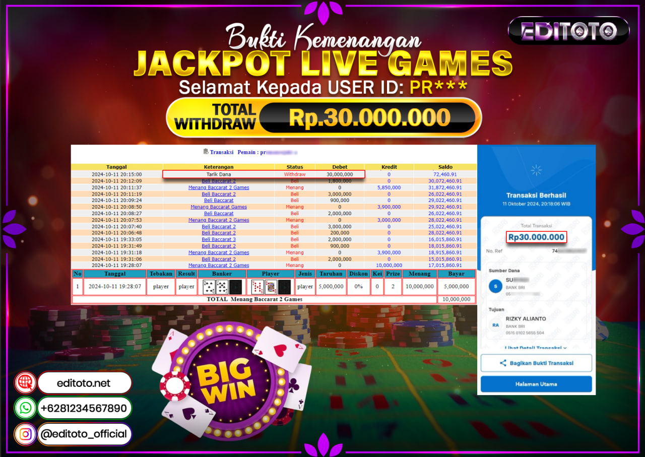JACKPOT LIVE GAME BACCARAT Rp.30.000.000.,- LUNAS
