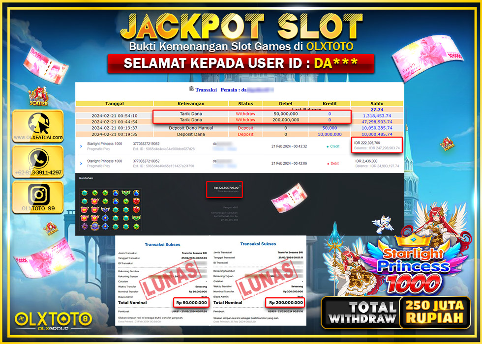 OLXTOTO JACKPOT SLOT STARLIGHT PRINCESS 1000 Rp.250.000.000.,- LUNAS