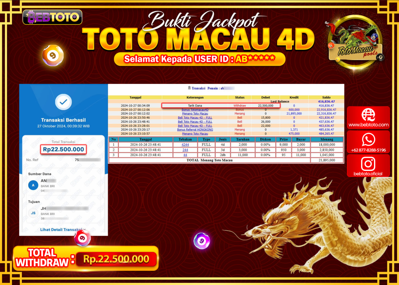 JACKPOT LIVE CASINO BEBTOTO TOTO MACAU 4D Rp.22.500.000.,- LUNAS