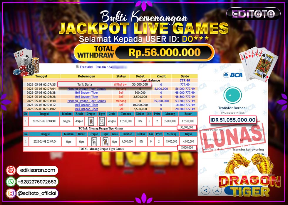 JACKPOT EDITOTO LIVE GAMES DRAGON TIGER GAMES Rp. 56.000.000.,- LUNAS