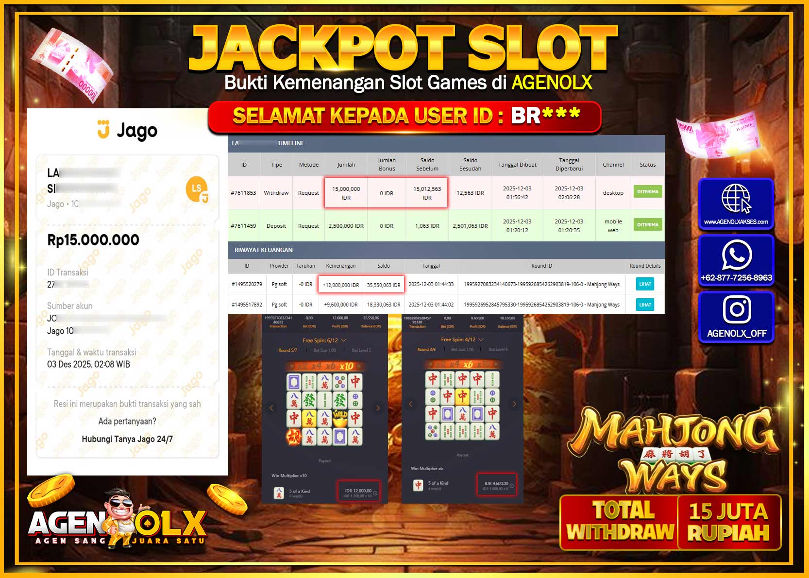 AGENOLX JACKPOT SLOT MAHJONG WAYS Rp 15,000,000,- LUNAS