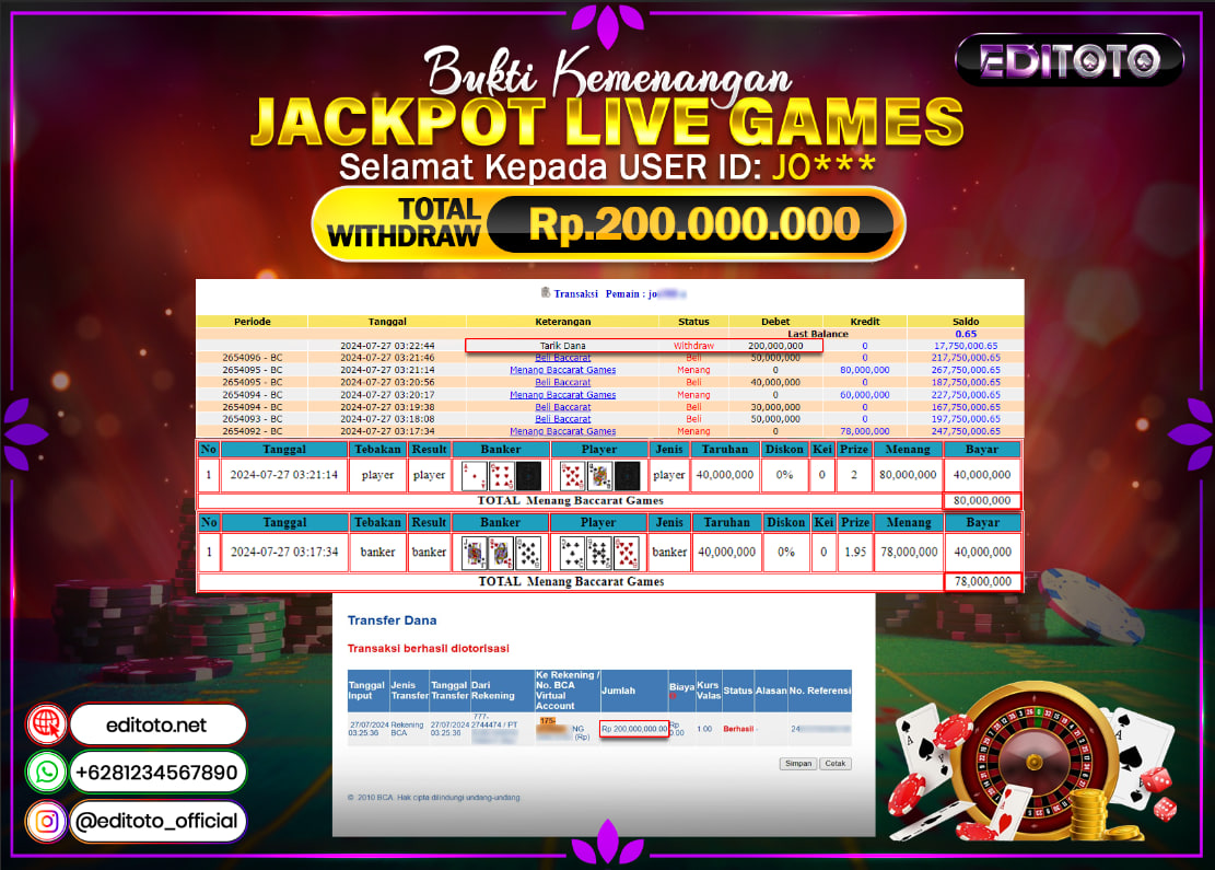 JACKPOT LIVE GAME EDITOTO BACCARAT Rp.200.000.000.,- LUNAS