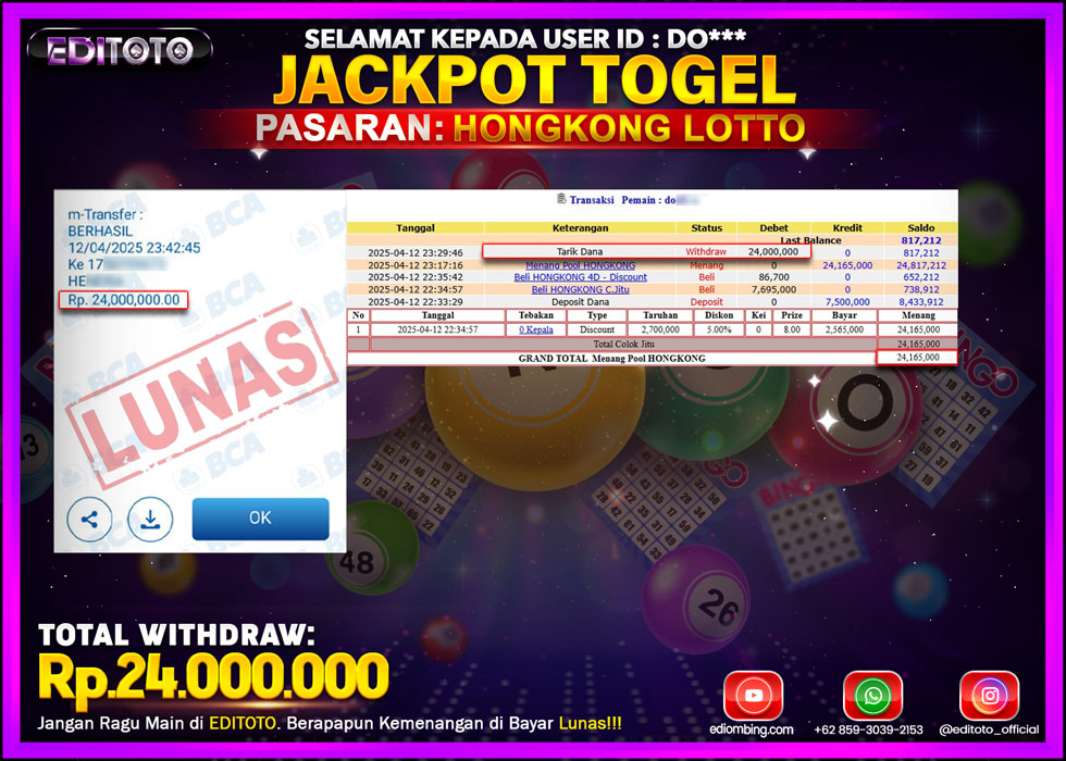 JACKPOT EDITOTO TOGEL PASARAN HONGKONG LOTTO Rp.24.000.000.,- LUNAS