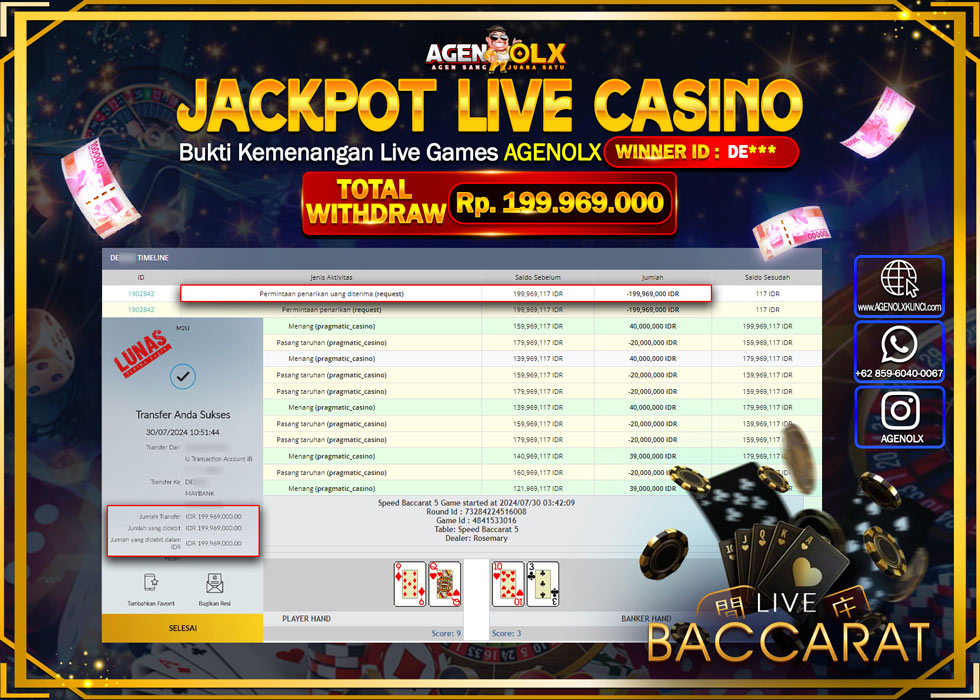 AGENOLX JACKPOT LIVE CASINO BACCARAT Rp.199.969.000,- LUNAS